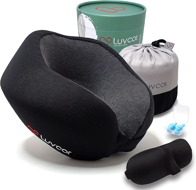 Premium Quality Memory Foam Travel Neck Pillow Bundle - Best Ergonomic Pillow for Airplane Travel, car Ride, Sleeping. Comes with Eye mask, earplugs and Storage Bag.(Stealth Black)