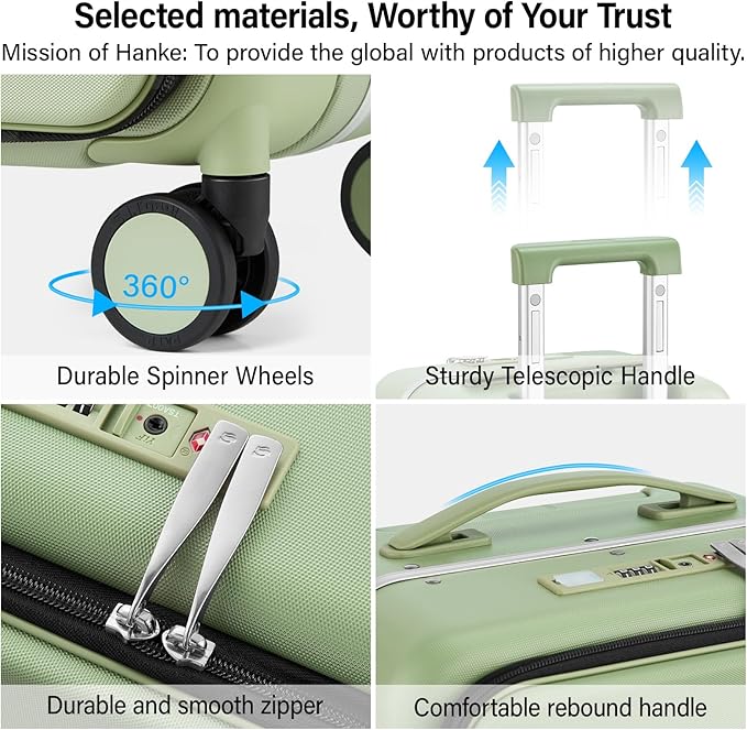 Hanke 28 Inch Luggage with Cup Holder and Charge,Top Opening Hard Shell Suitcases with Wheels and Dividers,Aluminum Frame Trunk Luggage Extra Large Suitcase with Lock for Travel，Bamboo Green