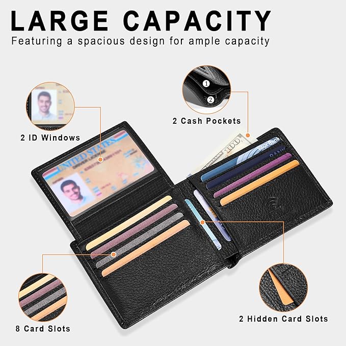 Travelambo Genuine Leather Wallet for Men with Gift Box - Handmade Bifold Stylish - Mens Wallets Rfid Blocking with 2 ID Windows