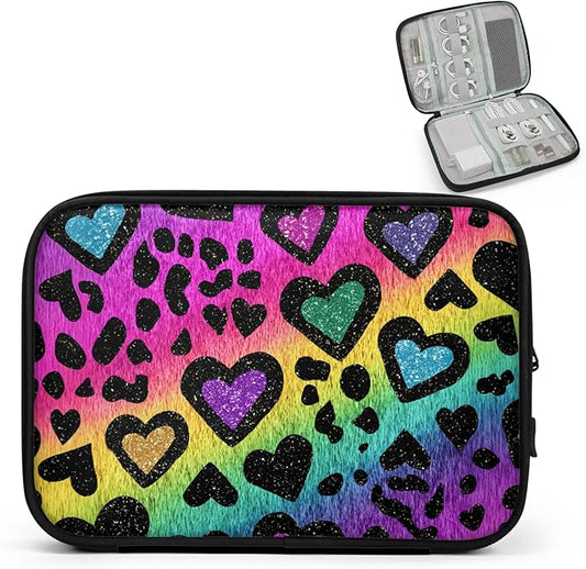 Rainbow Heart Travel Cable Organizer Pouch Colorful Leopard Print Electronics Accessories Carry Case Portable Water Resistant Storage Bag for Cord Charger Phone Earphone SD Card