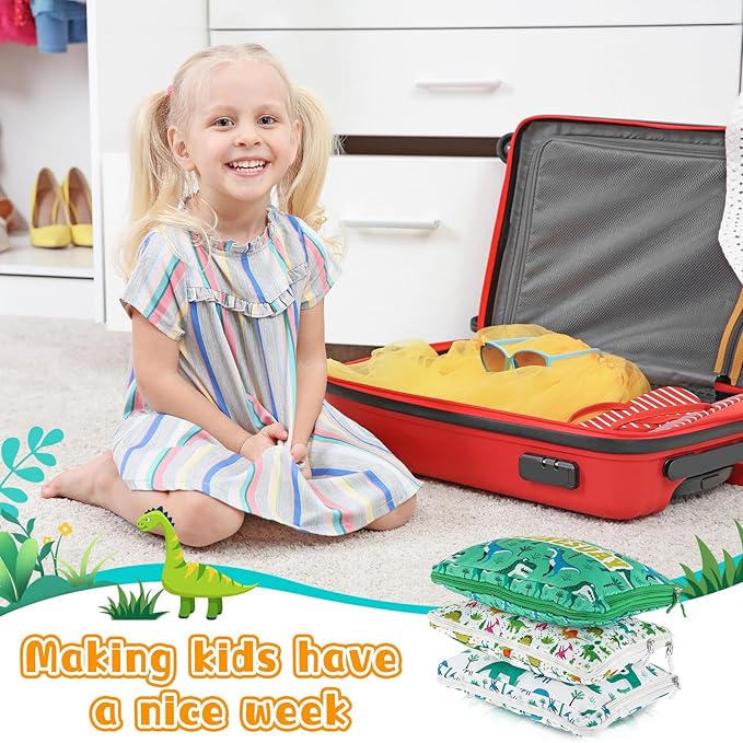 Paterr 7 Pcs Days of Week Packing Cubes Compression Packing Cubes for Kids Summer Camp Travel Daily Outfit Suitcase Organizers Zippered Storage Bag for Cruise Vacation Essentials (Dinosaur)