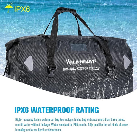 WILD HEART Waterproof Motorcycle Duffel Bag PVC500D Double-bottom With Rope Straps and Inner Pocket 40L 66L 100L for Kayaking, Camping, Boating,Motorcycle