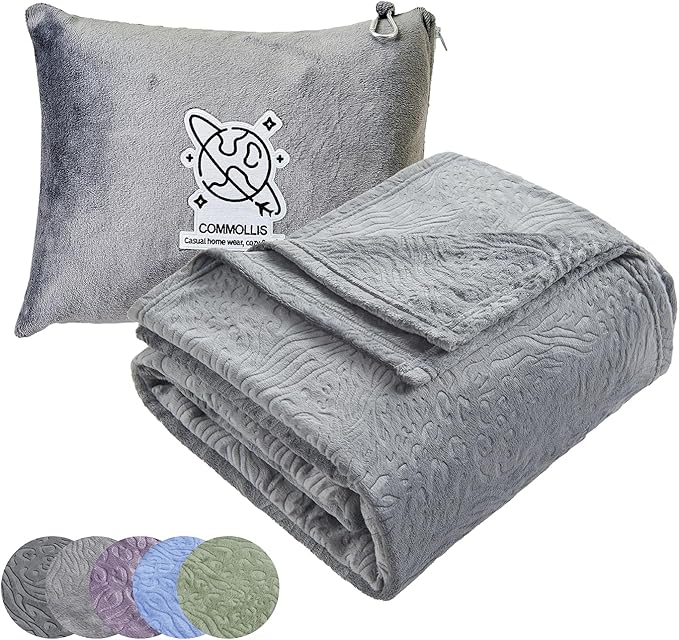 Commollis 2-in-1 Travel Blanket & Pillow for Airplane, Car, Train - Warm Compact Flight Blanket with Luggage Strap & Backpack Clip, Machine Washable, All-Season Use