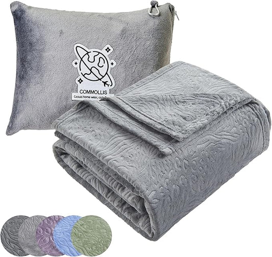 Commollis 2-in-1 Travel Blanket & Pillow for Airplane, Car, Train - Warm Compact Flight Blanket with Luggage Strap & Backpack Clip, Machine Washable, All-Season Use