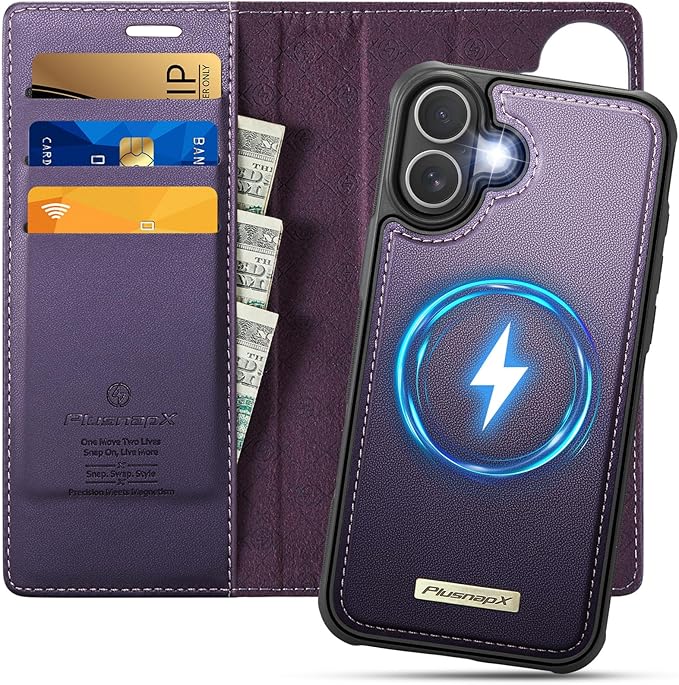 PlusnapX Wallet Case for iPhone 17 Compatible with Magsafe, 2-in-1 PU Leather Flip RFID Blocking Card Holder Stand Shockproof Magnetic Detachable Cover for iPhone 17 Case 6.3", Fashion Purple