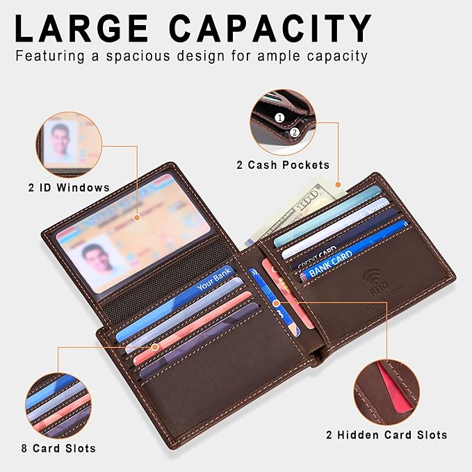 Travelambo Genuine Leather Wallet for Men with Gift Box - Handmade Bifold Stylish - Mens Wallets Rfid Blocking with 2 ID Windows