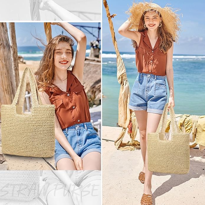 Straw Beach Bags for Women Woven Beach Tote Bag Casual Boho Large Shoulder Handbags Purse for Vacation Holiday