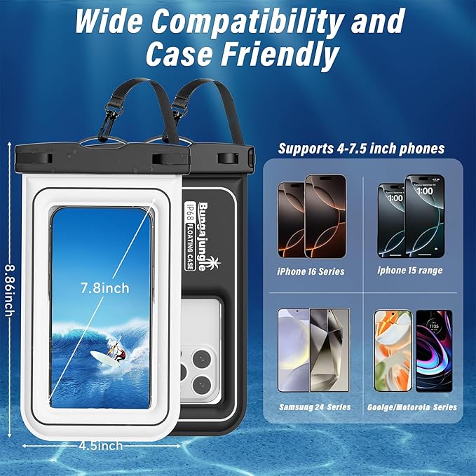 Waterproof Phone Pouch - 2 Pack IP68 Floating Waterproof Phone Case, Dry Bag Beach Cruise Essentials 2025 with Adjustable Lanyard for iPhone 16 Pro Max / 15 Pro / Galaxy S24 S23 (Black and White)