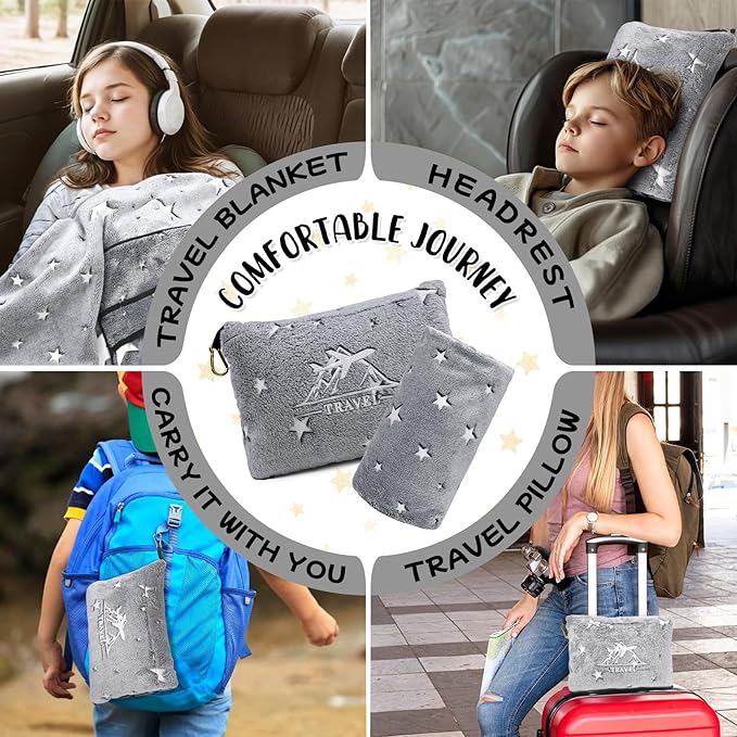 HWING Travel Blanket Airplane Compact with Bag - Glow in The Dark Stars Blanket Travel Pillows for Airplanes Travel Essentials for Flying - Birthday Gifts for Kids Teens Women Camping Outdoor Blanket