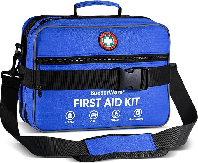 Professional 435 Pieces Large First Aid Kit - Includes Compressed Gauze - Compartments Emergency Medical Kit for Home, Camping, Backpacking, Travel, Boat, Car,Outdoors (Blue)