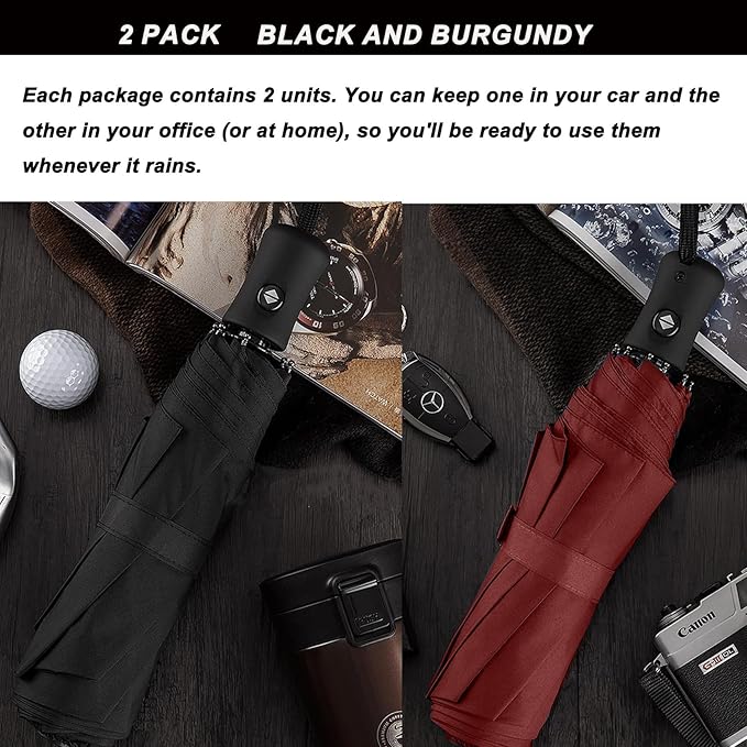 SIEPASA Two Packs Auto Open & Close Small Travel Umbrella Compact for Backpack-Umbrellas for Rain, Lightweight Strong Mini Portable Umbrellas for Men and Women. (Black & Wine Red, 2 Pack)