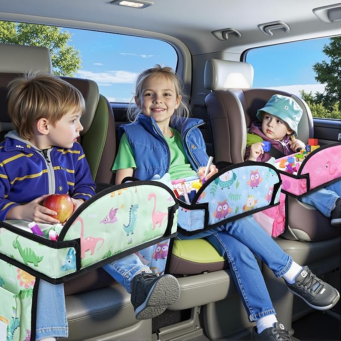 WENRENER Kids Travel Tray, 3PCS Car Seat Tray for kids Travel, Toddler Road Trip Essentials With Drawing Kit, Toddler Lap Desk Organizer for Car, Carseat Table for Airplane