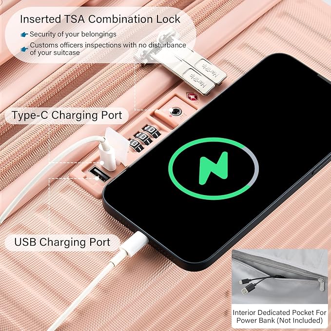 Hard Shell Suitcases Expandable Travel Luggage Sets 3 Piece, Carry on and Check in 3 Piece Luggage Suitcase Sets with Spinner Wheels Cup Holder Charger Built in (Pink, 20/24/28)