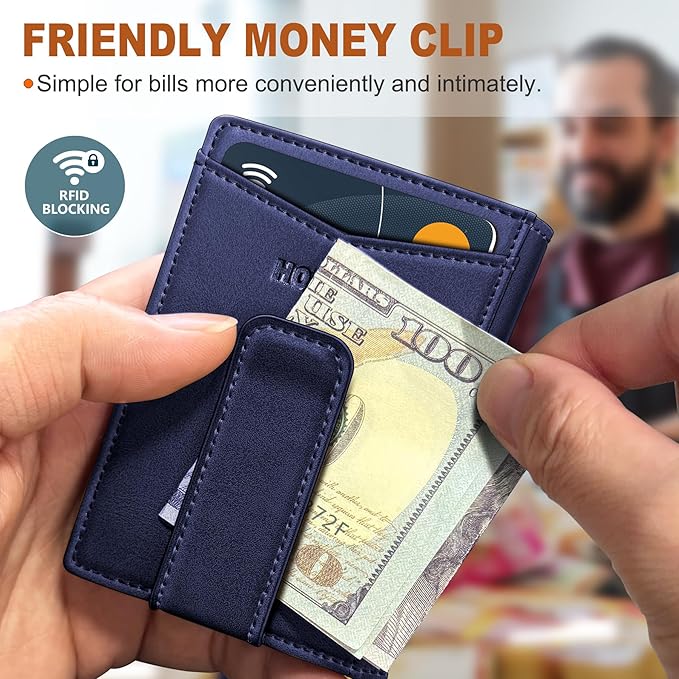Housmai Magnetic Closure Slim Wallet with Money Clip Gift Boxed,Genuine Leather Front Pocket Wallet for Men, 3.9"x 2.11", RFID Blocking