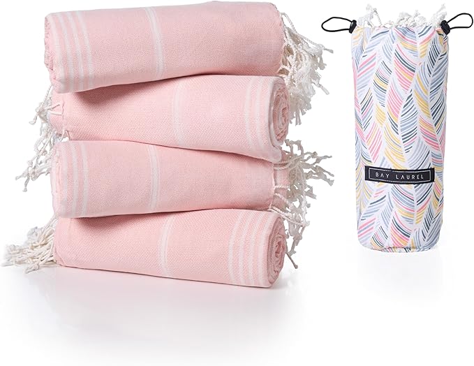 BAY LAUREL Turkish Beach Towel with Travel Bag 39 x 71 Quick Dry Sand Free Lightweight Large Oversized Towels Light - Pack of 4 (Pack of 4 - Blush with Floral Bag)