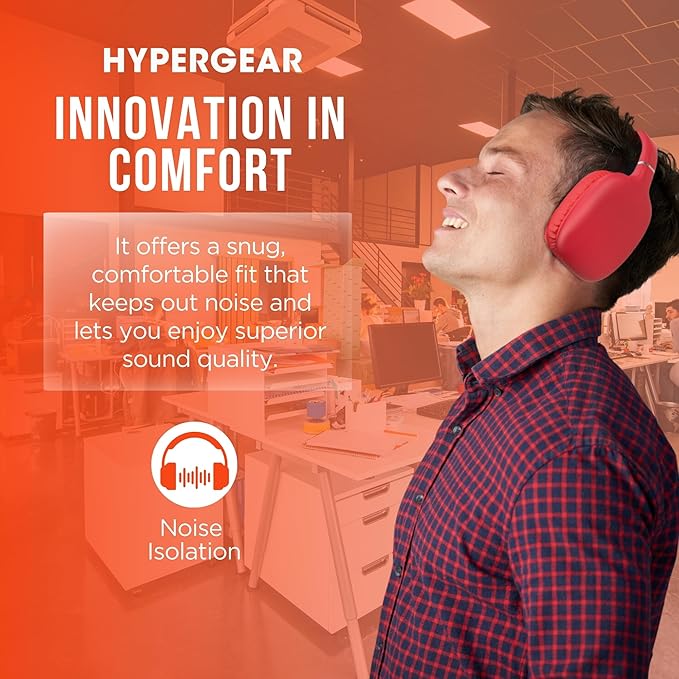 HyperGear Wireless Headphones Bluetooth Red- Noise Isolation Headphones Wireless Over The Ear Head Phones, Gym Headset Built-in Mic Controls Square Foam Cups Foldable Headphone for Women and Men