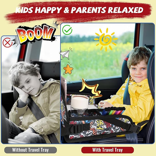 Kids Travel Tray for Airplane - Toddler Car Seat Table Tray, Road Trip Essentials for Boys & Girls, Carseat Lap Desk for Kids Road Trip Activities, Graffiti