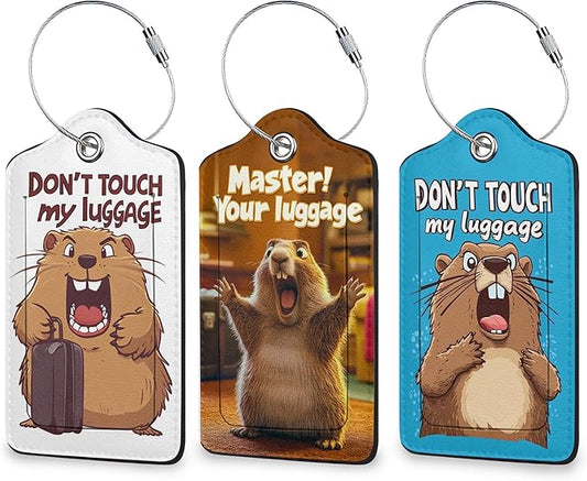 Capibara Luggage Tags for Suitcases, 3 Pack Leather Bag Tag Identifiers with Stainless Steel Loop and Address Card for Men Women