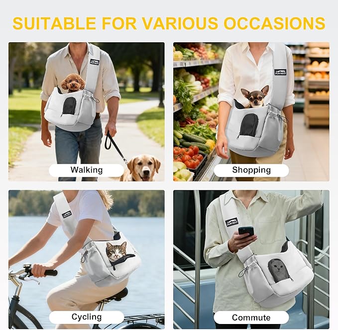 Dog Carrier Sling for Small Dogs & Cats Hand-Free Puppy Sling Purses with Storage Bag and Adjustable Shoulder Strap, Pet Sling Carrier Up to 8.8 Lbs (Grey)