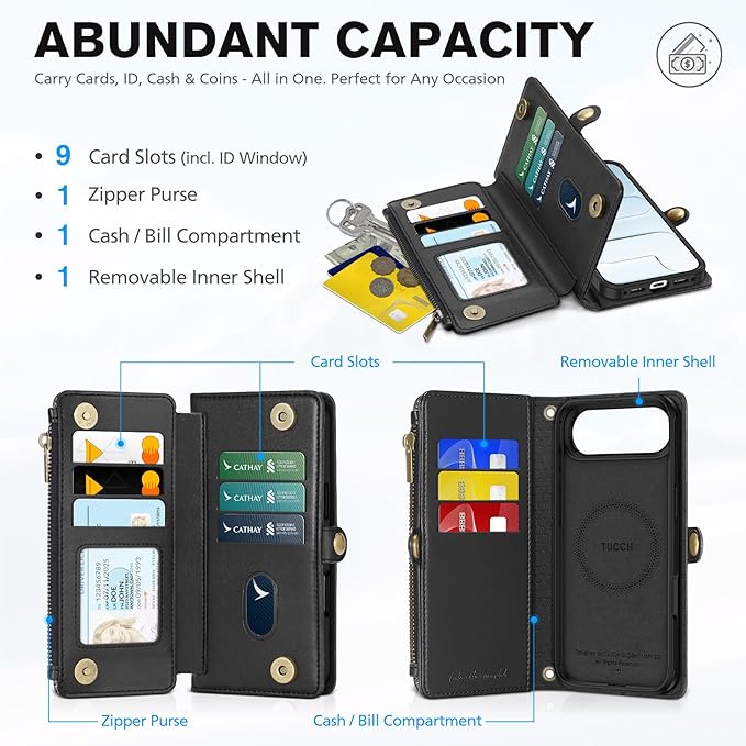 TUCCH Crossbody Detachable Wallet Case for iPhone Air 6.5" 2025, 9 Card Slots RFID Blocking | Wireless Charging | Wrist Strap | Lanyard | Stand | Zipper Pocket | PU Leather Shockproof Cover | Black