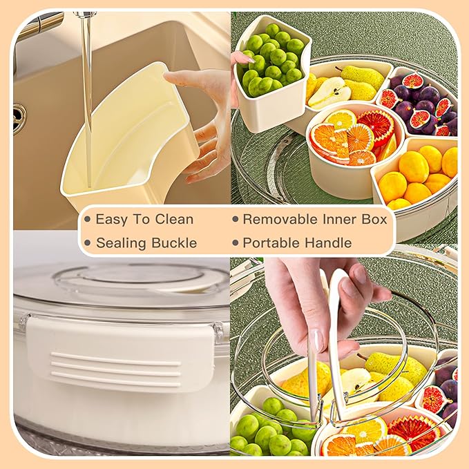 Rotating Divided Serving Tray with Lid and Handle,Snackle Box Container 6-Compartment,Round Snack Box Charcuterie Containers Snack Spinner,Snack Organizer Fruit Platter Veggie Tray for Christmas Party