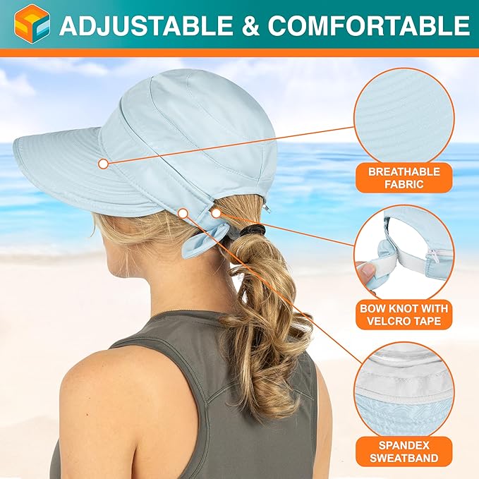 SUN CUBE Women Sun Hat for Outdoor UV Protection, Wide Brim Sun Hat Ponytail, Convertible Zip-Off Beach Hat Visor