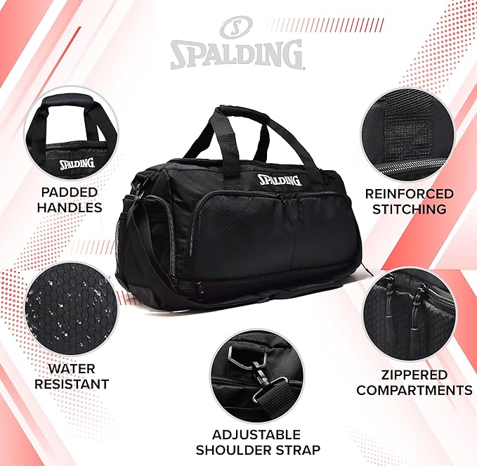 Spalding Gym Bag for Women and Men, Large Sports Duffle Bag with Shoe and Wet Pocket, 10 Zippered Compartments, Waterproof Workout Travel Bags with Adjustable Strap, Lightweight Fitness Duffel, Black