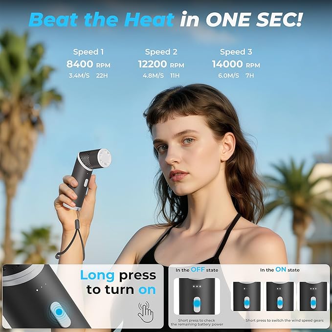 COMLIFE Portable Handheld Turbo Fan with Rotatable Head, 22H Run Time, 14000RPM High Speed Motor, 3 Speeds & Metal Tube Body, Mini Yet Powerful Pocket Rechargeable for Travel Outdoor Beach-Black