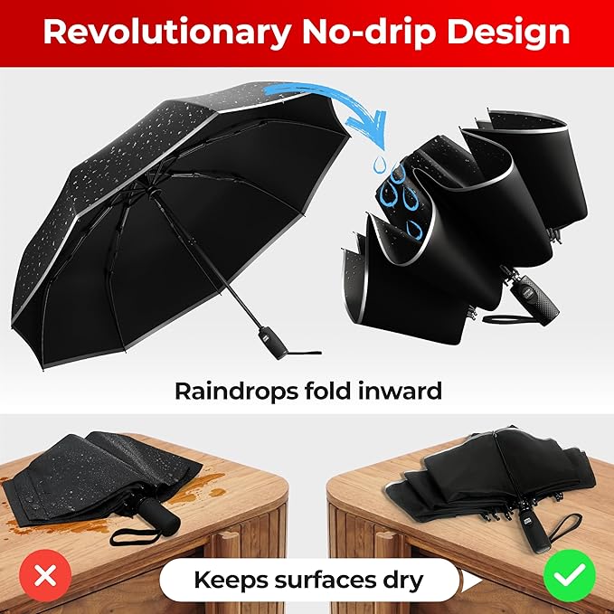 TUMELLA Flip-proof Inverted Travel Umbrella, Small Strong but Light Portable and Automatic Reverse Folding Rain Umbrella, Durable Premium Grip, Fits Car & Backpack