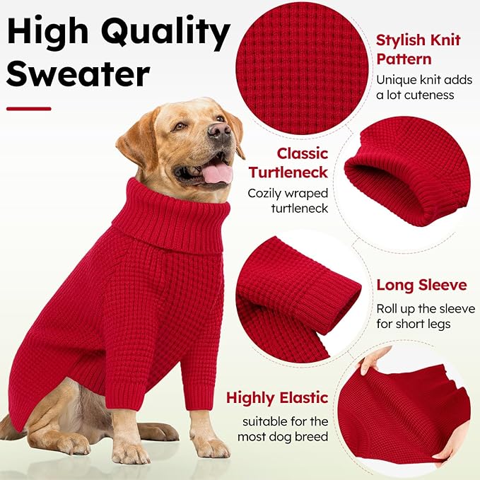 Queenmore Dog Sweaters for Small Dogs Male, Turtleneck Fall Doggie Sweater, Waffle Knit Sweater for Small Dogs, Cat Sweater Puppy Sweaters, Pet Christmas Sweater, Red XS