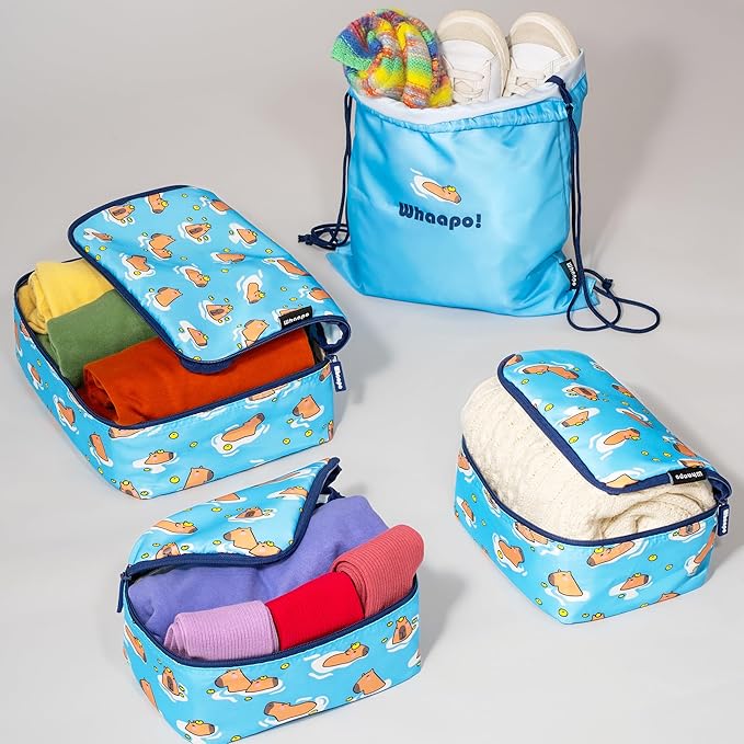 4 Pieces Capybara Cute Packing Cubes - Travel Organizer - Suitcase Organizers for Carry On Luggage - Kids And Diaper Bag - Fun Accessories - Drawstring Laundry Bag