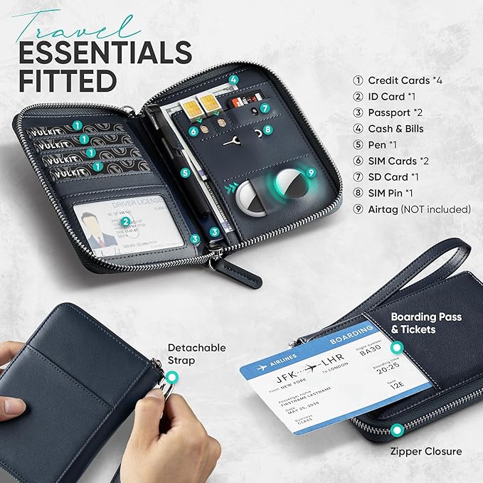 VULKIT Passport Holder for Travel with Airtag Slot, Premium Nappa Leather, RFID Blocking, Zipper Closure with Wrist Strap, Travel Document Organizer