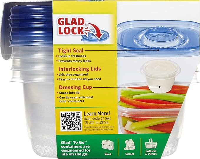 Glad GladWare To Go Snack Food Storage Containers - Medium Round - Meal Container Holds up to 24 Ounces of Food - Lock Tight Seal, 4 Count - 6 Pack