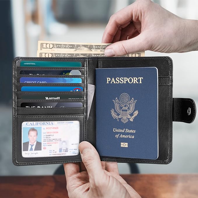 Polare Luxury RFID Blocking Leather Passport Holder Travel Wallet For Men and Women (Black(Snap Version))