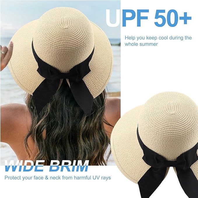 DRESHOW Sun Hats for Women Travel Fedora Foldable Beach Sun Hat Summer Wide Brim Straw Bucket Hat with Bowknot UPF 50+