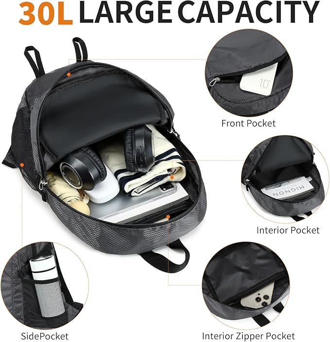 Small Hiking Backpack 35L Travel Lightweight Hiking Packable Daypack Water-Resistant Foldable Backpacks for Women Men Camping (Grey)