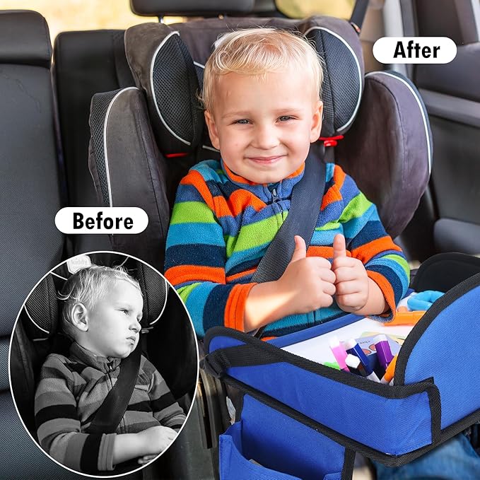 WENRENER Kids Travel Tray for Car Seat, Toddler Road Trip Essentials With Drawing Kit, Travel Activities Must Haves (Navy Blue-2PCS)