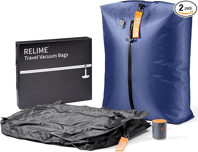 Classic Series Vacuum Bags for Travel Luggage with Wireless Pump, Compression Bags for Carry On Suitcases and Backpack, Vacuum Seal Packing cube for Cloth Packing (2PC + PUMP Gray & Blue)