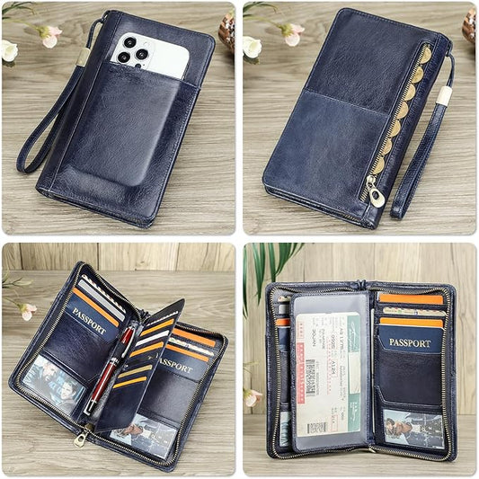 Top Grain Leather Travel Passport Wallet Holder for Man & Woman, Handmade with Three-Layer for 4 Passports & Multi Cards, RFID Blocking Large Capacity for Cards/Passports/Tickets, Blue