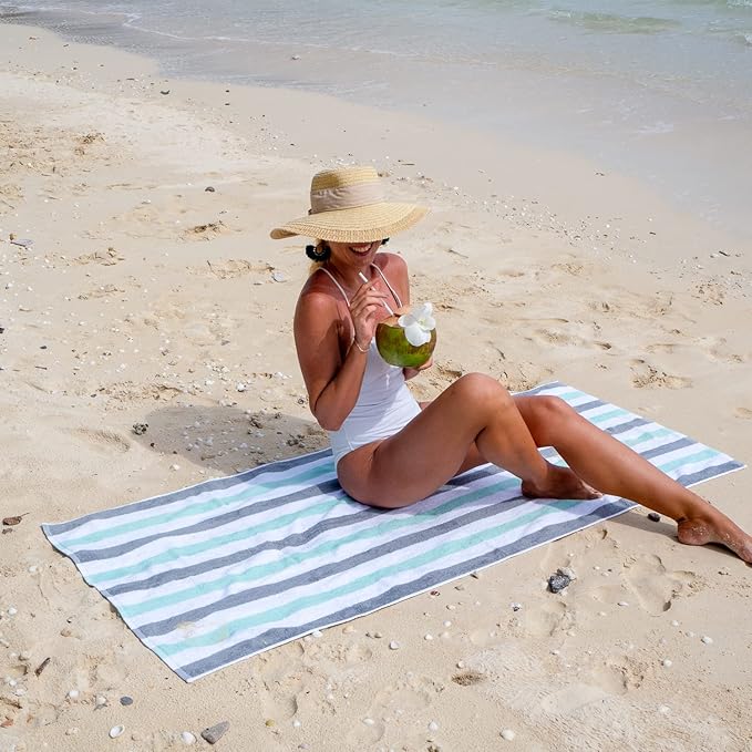 Arkwright Cabo Cabana Stripe Beach Towel - Pack of 4 - Large Soft Quick Dry Cotton Terry Towels for Pool, Swim, and Hot Tub, Oversized 30 x 70 in, Grey/Mint