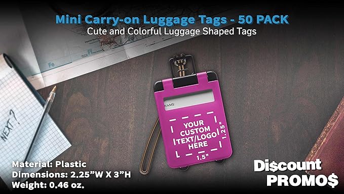 50 Mini Carry-on Luggage Tags Pack - Customizable Text, Logo - Flip Open Cover, ID Sticker - Purple