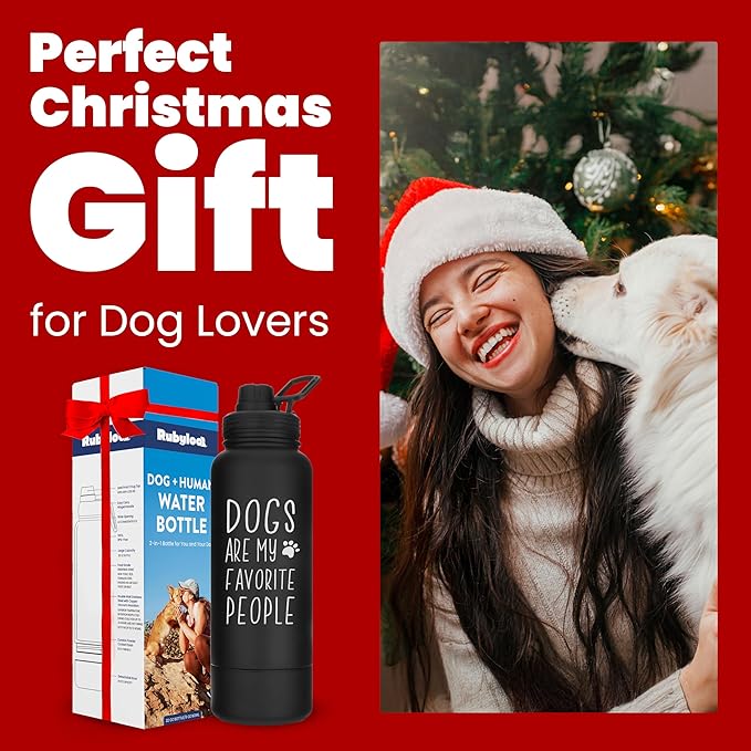 Dog Water Bottle for Dog Lovers - 32 oz Stainless Steel Double Wall Insulated Water Bottle with 8 oz Detachable Bowl on Bottom- Ideal Gift for Doggy Lovers for Christmas - “Favorite People” Black