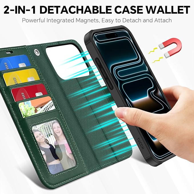 TUCCH 2-in-1 Removable Wallet Case for iPhone 17 Pro (6.3-inch) 2025, Wireless Charging | RFID Blocking 4 Card Holder | Wrist Strap | Kickstand | Magnetic | PU Leather | Protective Cover | Dark Green