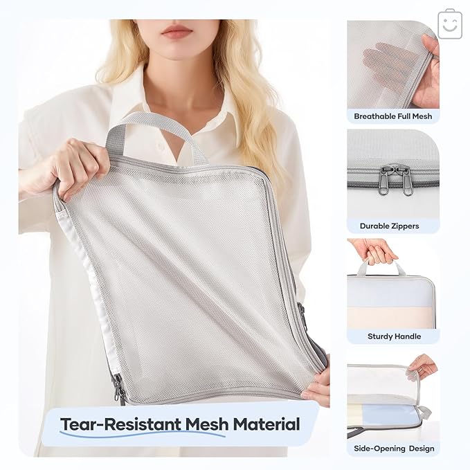 Veken 11 Set Compression Packing Cubes for Travel Essentials,Compressible Expandable Large Luggage Suitcase Organizer Bags for Clothing,Durable Space Saver Storage Bags with Toiletry Bags(White)