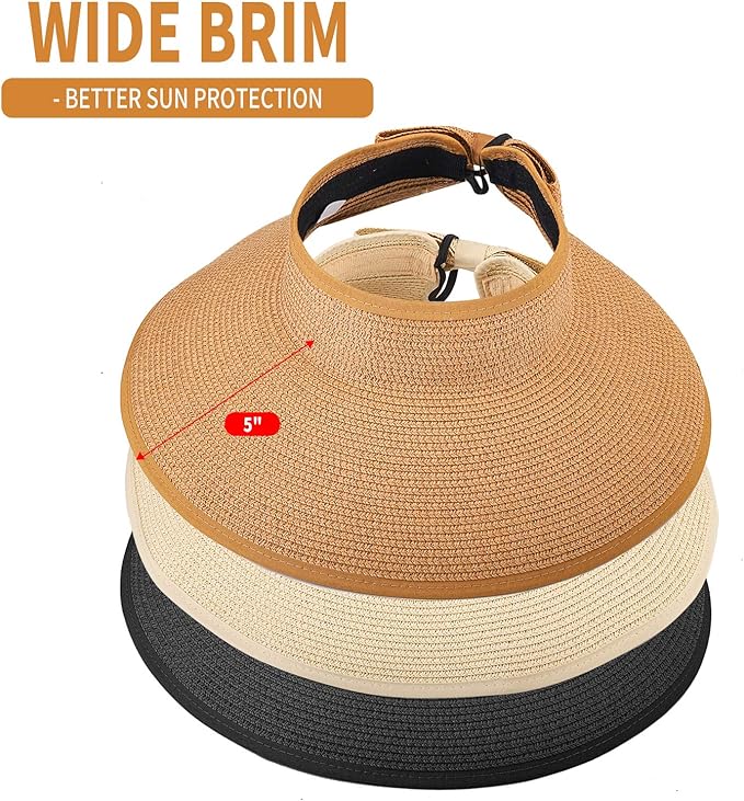 3PCS Foldable Straw Sun Visor Hats for Women, Wide Brim Ponytail Summer Beach Hat, Protect Your Skin Easily