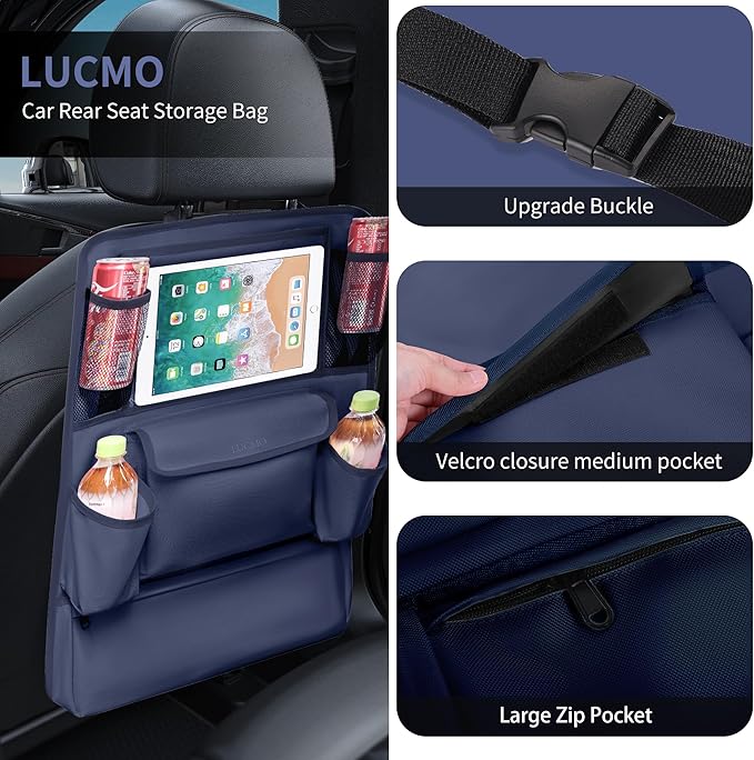 LUCMO Car Backseat Organizer with Touch Screen Tablet Holder,9 Storage Pockets Car Storage Organizer,Protectors Kick Mats Travel Accessories for Kids-Dark Blue