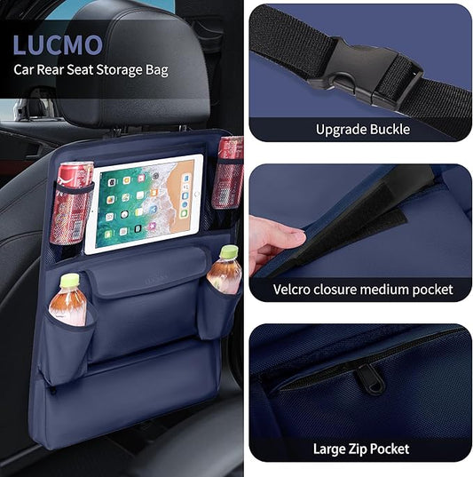 LUCMO Car Backseat Organizer with Touch Screen Tablet Holder,9 Storage Pockets Car Storage Organizer,Protectors Kick Mats Travel Accessories for Kids-Dark Blue