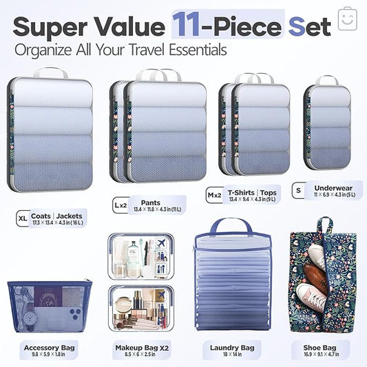 Veken 11 Set Compression Packing Cubes for Travel Essentials,Compressible Expandable Large Luggage Suitcase Organizer Bags for Clothing,Durable Space Saver Storage Bags(Dark Blue Floral)
