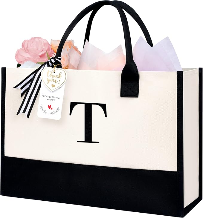 BAGAIL Initial Tote Bag, Personalized Birthday Gifts for Women, Teacher, Friends, Mom, Wedding, Monogrammed Beach Bag