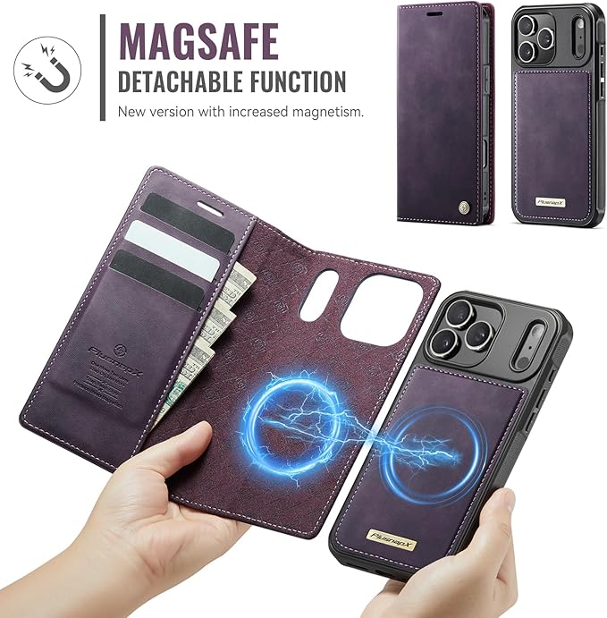 PlusnapX Wallet Case for iPhone 17 Pro Compatible with Magsafe, 2-in-1 PU Leather Flip RFID Blocking Card Holder Stand Shockproof Magnetic Detachable Cover for iPhone 17 Pro Case 6.3", Retro Purple